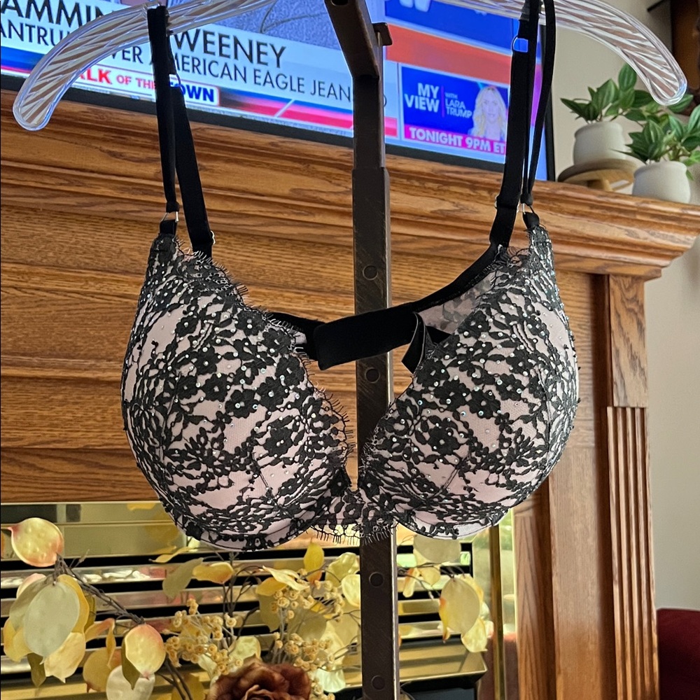 Victoria's Secret Black and Pink Floral Lace Bra, with sparkle embellishments